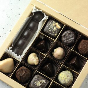 Box of 13 chocolate bonbons and 1 bar